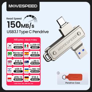 MOVESPEED 150MB/USB 유형 C 플래시 드라이브 Macbook iPhone 15/16 노트북 PC 용 64GB 128GB 256GB 512GB OTG USB 3.1 Pendrive