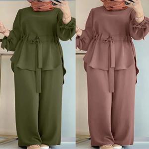 이드 무슬림 여성 의상 셔츠 새시 와이드 레그 팬츠 수트 라마단 모로코 두바이 이슬람 2피스 세트 아랍 잘라비야 모던 앙상블