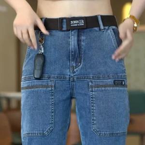 봄 여름 얇은 6포켓 남성 청바지 신축성 있는 스트레이트 레그 캐주얼 슬림핏 청바지 다용도 멀티 포켓 롱 Y2K 데님 팬츠