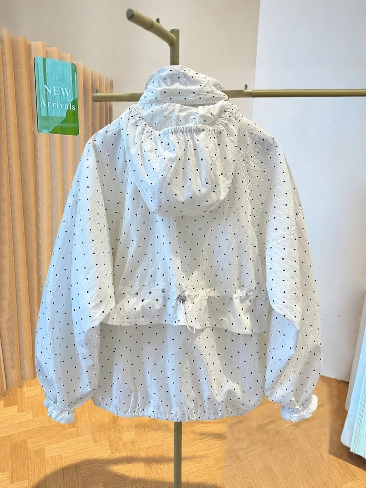 여성용 물방울 무늬 후드 자외선 차단 의류 캐주얼 루즈핏 여름 패션 안티에이징 아우터웨어 지퍼 클로저 긴 소매