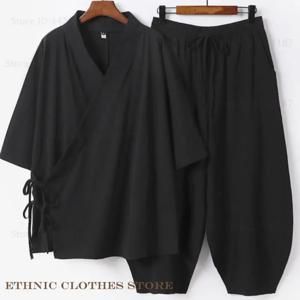 플러스 사이즈 3XL-9XL 남성 일본 기모노 카디건 바지 세트 코튼 린넨 유카타 하오리 사무라이 의상 하라주쿠 루즈 자켓 슈트