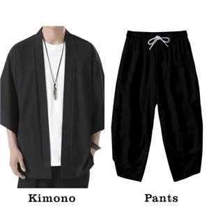 여름 일본 기모노 카디건 블랙 세트 남성 오버 사이즈 3XL 7 슬리브 오픈 프론트 셔츠 및 라운지 드로우 스트링 크롭 바지
