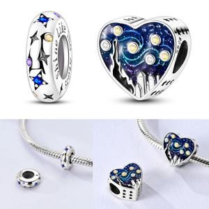 925 스털링 실버 작은 반 고흐 별이 빛나는 하늘 참 비즈 CZ 지르콘 빛나는 별 댕글 팔찌 DIY 여성용 주얼리