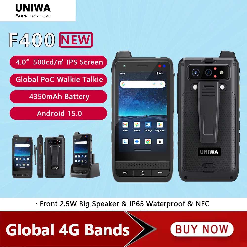 UNIWA F400 젤로 POC 무전기 글로벌 4G 러기드 PDA 안드로이드 15 4인치 4GB+64GB 2.5W 대형 스피커 4350mAh PoC SOS 버튼 NFC