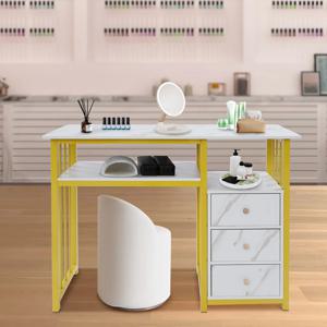 현대적인 대리석 질감의 네일 테이블, 강철 프레임 및 베니어 상판, 살롱, 스파, 홈 뷰티 스테이션용 골드/화이트 마감