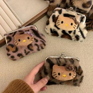 귀엽고 신선하며 달콤한 키티 레오파드 프린트 동전 지갑 플러시 휴대용 블루투스 헤드폰 가방 KT 고양이 메이크업 가방 수납 가방