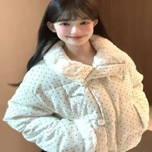달콤한 폴카 도트 파카 여성 겨울 느슨한 캐주얼 두꺼운 단추 패치 워크 푹신한 코트 한국 패션 모피 칼라 여성 아웃웨어