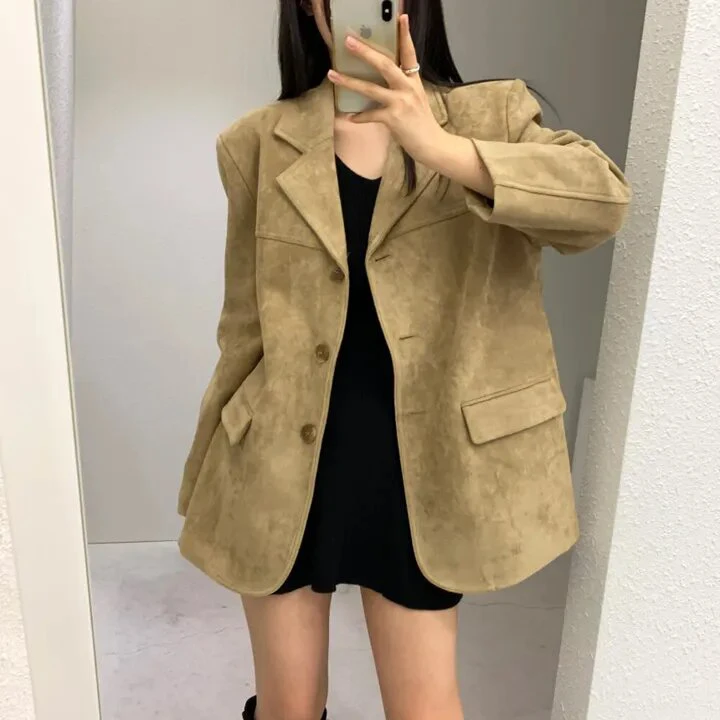 시크 빈티지 여성 가죽 재킷 루즈 슬림 싱글 버튼 고급스러운 느낌 사슴 가죽 벨벳 수트 탑 출퇴근 스타일
