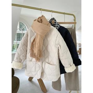 따뜻한 양털 스플라이싱 경량 다이아몬드 그리드 겨울옷 루즈핏 코튼 재킷 여성용 스윗 스타일 네이비 칼라 코트