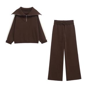 Willshela 여성 패션 2 조각 세트 브라운 풀오버 스웨터 & 빈티지 고탄력 허리 바지 Feamle Chic Lady Pants Set