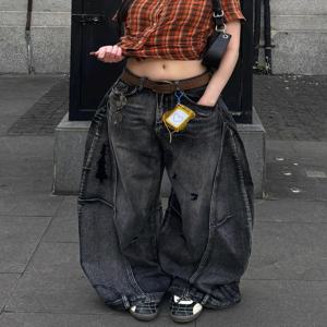 아메리칸 바이브 라지 사이즈 워시드 디스트레스드 나이프 진 여성 스트릿 루즈 슬림 와이드 레그 롱 트라우저 트렌디 스트레이트 레그 하이 웨이스트 진