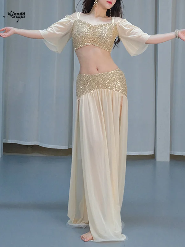 섹시한 반짝이는 벨리댄스 의상 2025 여름 신상 고급 연습복 공연복 전통 중국 민족 무대 의상