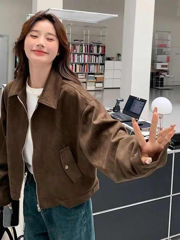 멋진 짧은 스웨이드 재킷 여성용 봄 가을 겨울 미국 레트로 레이지 시크 가죽 재킷 코트 스타일리시 바이커 재킷