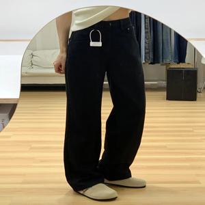 하이웨이스트 와이드 레그 진 여성용 루즈핏 플로어 기장 스트레이트 컷 캐주얼 다용도 플러스 사이즈 블랙 데님 팬츠