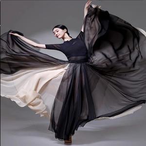 블랙 화이트 이중 레이어드 쉬폰 스커트 360도 회전 댄스 의상 신상 인간 세계 댄스웨어 맥시 스커트