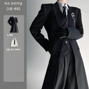 블랙 롱 테일러드 수트 재킷 세트 어깨 길이 가을 중성 스타일 더블 브레스티드 폴리에스터 혼방 패셔너블 청년 트렌드