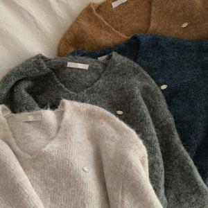 시크 캐주얼 루즈 브이넥 니트웨어 여성용 심플한 레이지 스타일 봄 가을 올매치 긴팔 탑 푹신하고 편안함