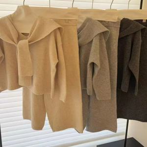 한국 스타일 루즈핏 V넥 니트 스웨터 여성 패셔너블 스웨터 숄 드레이핑 와이드 레그 팬츠 가을 3종 세트 트렌디