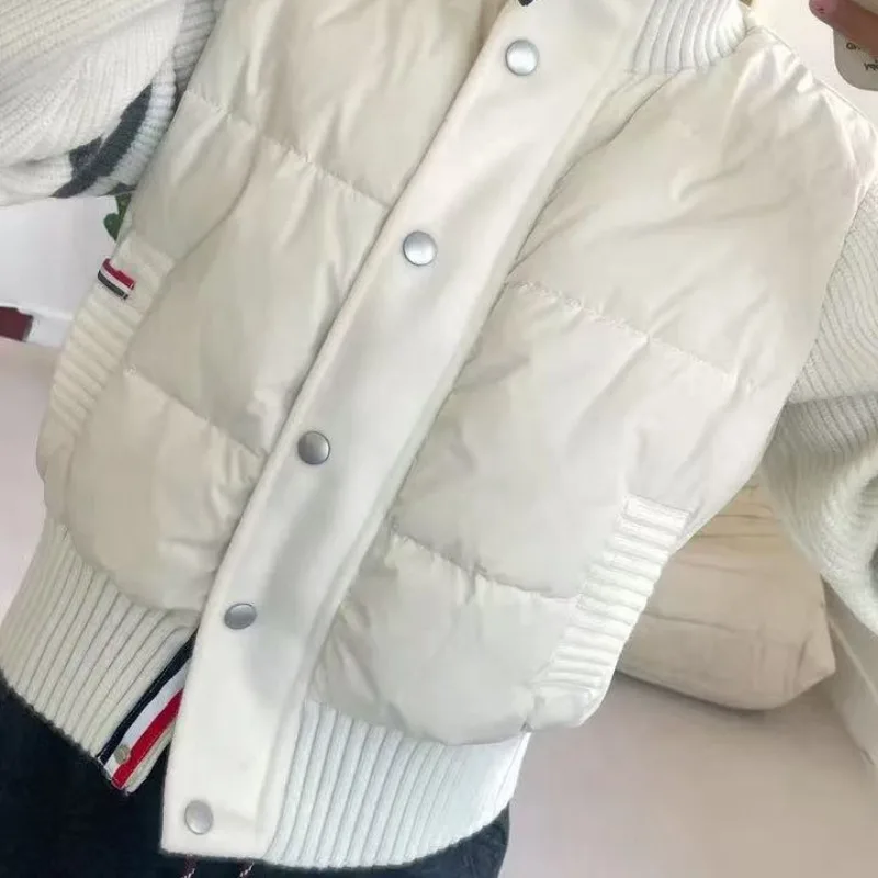 여성용 겨울 코튼 재킷 짧은 니트 긴팔 컬러 블록 대학 스타일 따뜻한 상의 패셔너블 다용도 이니셜 스노우