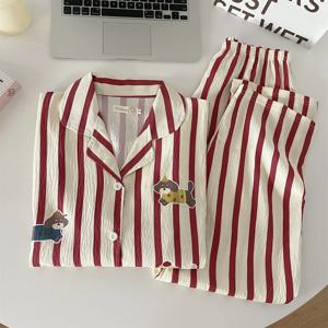 스트라이프 칼라 잠옷 여성용 봄 가을 한국 스타일 귀여운 강아지 프린트 홈웨어 세트 긴팔 클라우드 코튼 레저