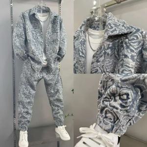 2025 신상 남성 캐주얼 패션 투피스 바지 세트, 스포티한 라펠 자카드 셔츠, 긴팔 봄가을 세트