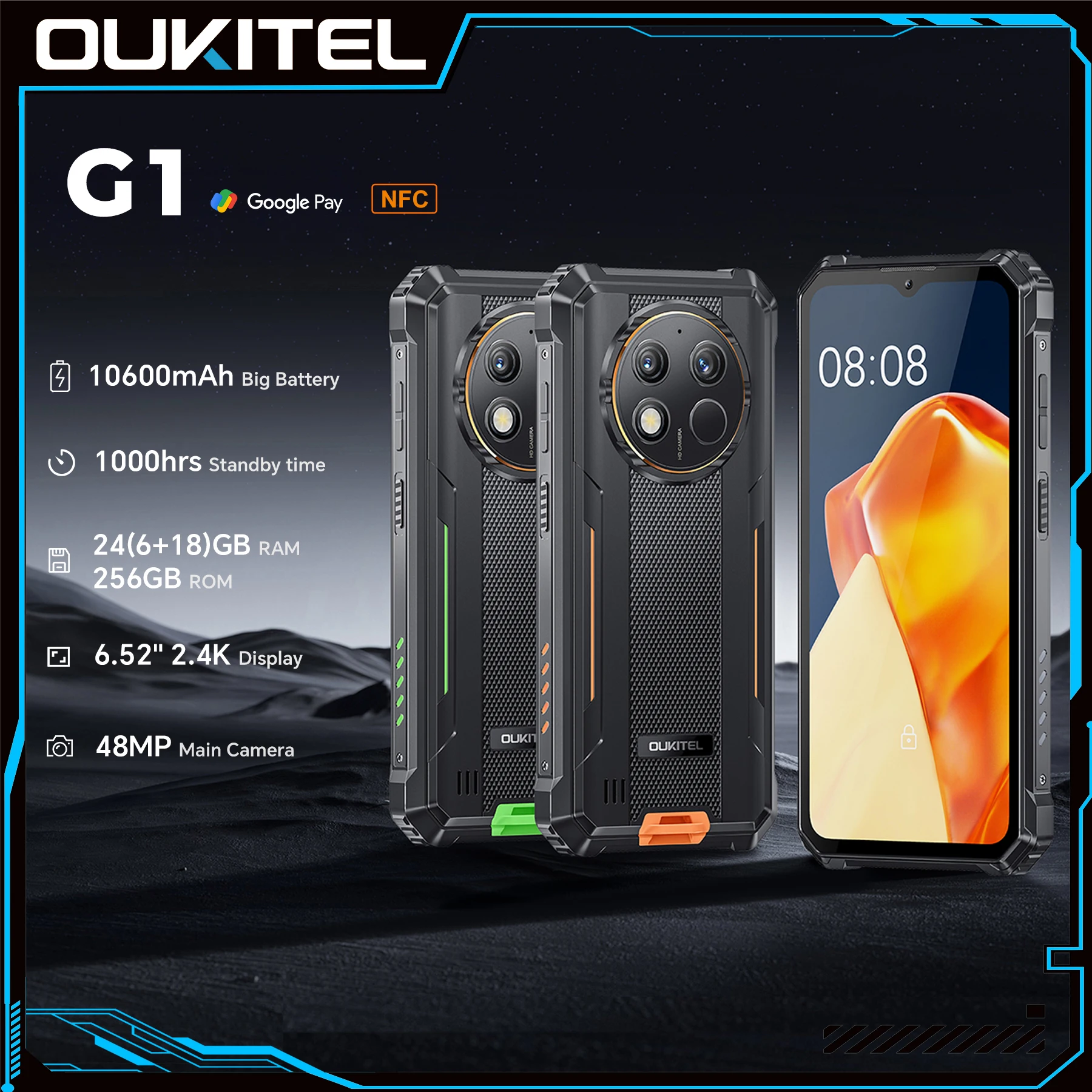 【브랜드+】OUKITEL G1 러기드 폰 -24(6+18)GB+256GB, 6.52인치 디스플레이, IP68 방수, NFC 스마트폰, 안드로이드 14, 48MP 카메라