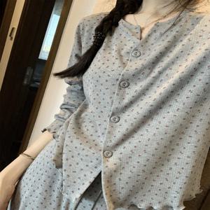 달콤한 한국 스타일 긴 소매 꽃무늬 아이스 실크 홈웨어 여성용 봄 가을 편안한 잠옷 투피스 세트