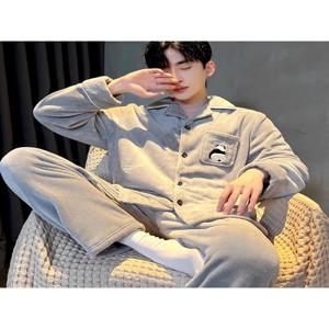 남성용 산호 양털 잠옷 긴 소매 두꺼운 플란넬 홈웨어 세트 가을 겨울 따뜻한 루즈핏 슬립웨어 세트