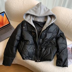 후드 숏 파카 여성 패션 블랙 패치워크 푸퍼 재킷 겨울 스트리트웨어 다운 코트 한국산 면 패딩 아우터웨어 신상품