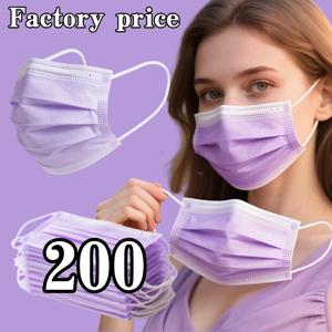 훌륭한 가치! 보라색 일회용 마스크 - 3겹 통기성 및 편안함, 조절 가능한 귀걸이 및 밀착형 코 패드 - 200/100/50/10개, 가정용으로 저렴한 가격, 대량 구매 가능, 야외 활동, 가정, 출퇴근, 사무실, 학교, 남녀 공용에 적합