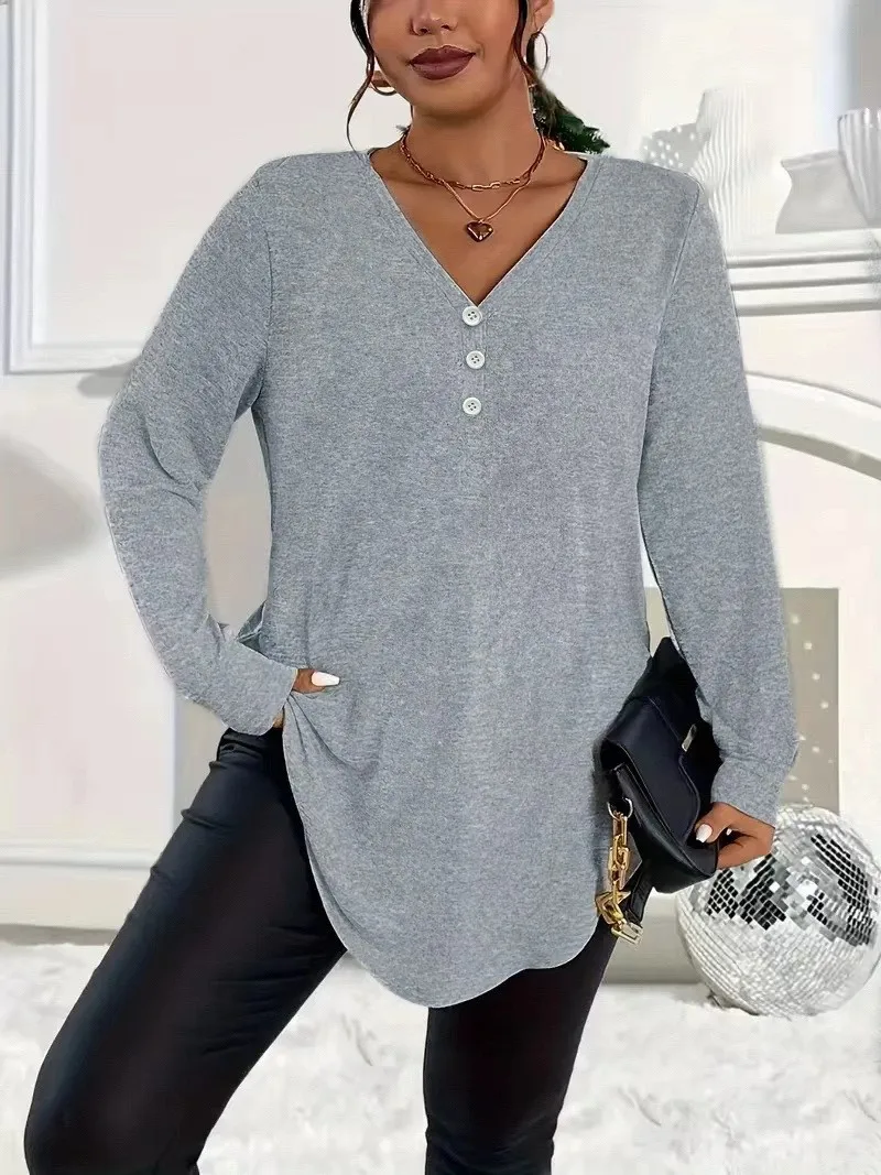 플러스 사이즈 가을 겨울 우아한 여성용 단색 버튼 긴팔 상의 V넥 출퇴근용, 루즈하고 편안함