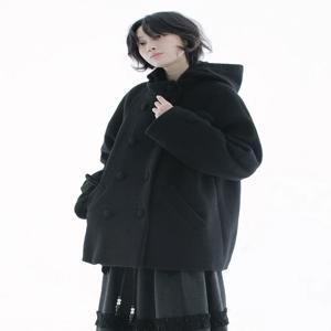 여성용 겨울 패션 더블 브레스티드 울 코트 모자 포함 빈티지 일본 스타일 긴 소매 중간 길이 스위트 스타일