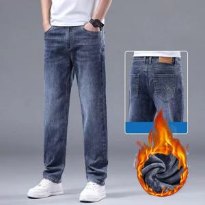 남성용 신상 플리스 안감 두꺼운 청바지 남성 겨울 루즈 스트레이트 슬림 핏 데님 팬츠 고급 캐주얼 신축성 바지