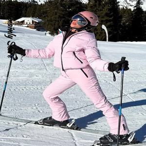 핑크 방풍 스키웨어 팬츠 2피스 세트 여성용 후드 지퍼 코트 포켓 와이드 레그 팬츠 2025 겨울 여성용 따뜻한 트랙수트 신상