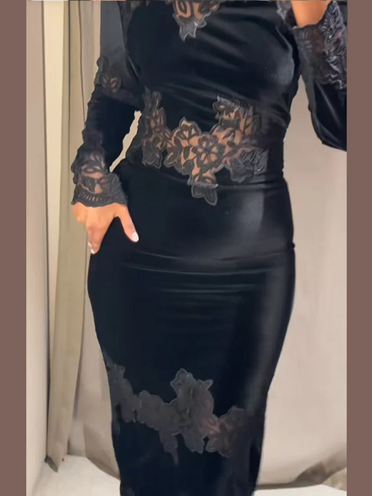 블랙 레이스 패치워크 벨벳 드레스 우아한 긴 소매 시스루 슬림 미디 여성 드레스 2025 패션 휴가 스트리트 가운