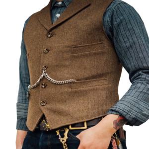 남성 정장 조끼 브라운 웨딩 울 트위드 비즈니스 양복 조끼 자켓 캐주얼 슬림 피트 Gilet Homme Vests For Groosmen Man Wedding