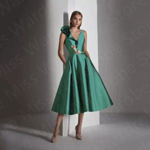 심플한 어머니 원피스 미드 송아지 길이 신부 가운, 브이넥 민소매 웨딩 하객 등, 신상