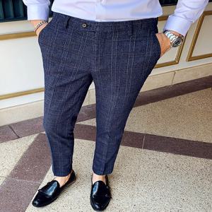 부티크 클래식 격자 무늬 및 줄무늬 패션 남성 캐주얼 비즈니스 슬림 세트 바지, 신랑 웨딩 원피스 바지 파티