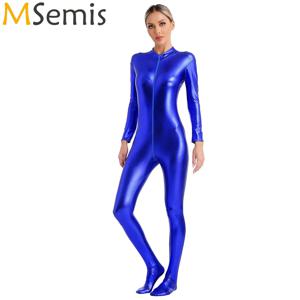 Womens Metallic Shiny Zentai Jumpsuit 모의 목 긴 소매 앞 지퍼 전신 유니타드 스타킹 댄스 퍼포먼스 Clubwear