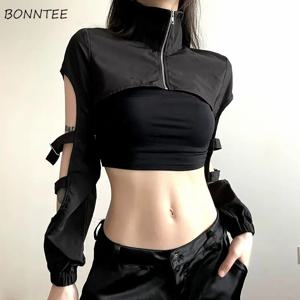 마이크로 자켓 여성 지퍼 긴 소매 고딕 모든 경기 Y2k 중공 독특한 섹시한 매운 소녀 멋진 streetwear 여름 코트 세련된