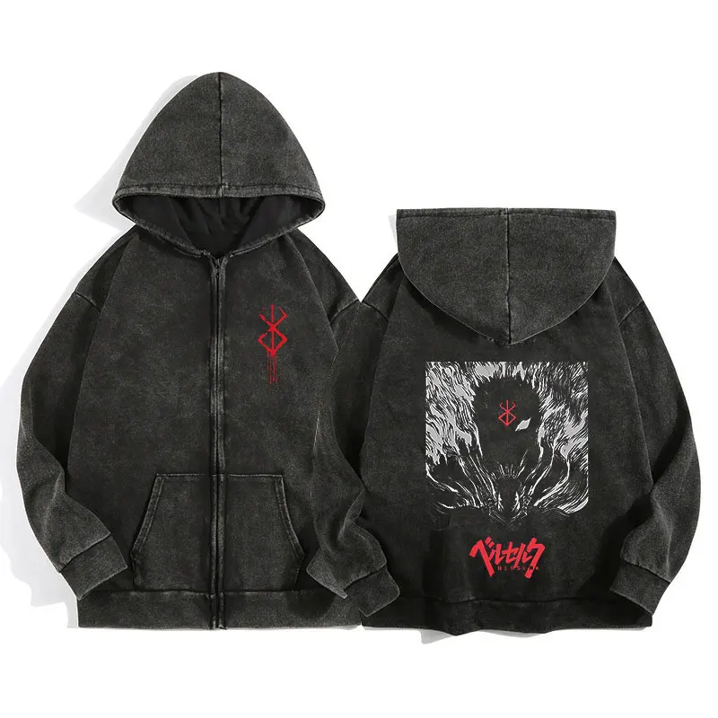 Anime Berserk Wash Zip Up 까마귀 하라주쿠 레트로 고딕 그래픽 자켓 후드 티셔츠 코튼 힙합 ​​남성 여성 Hoody Coat
