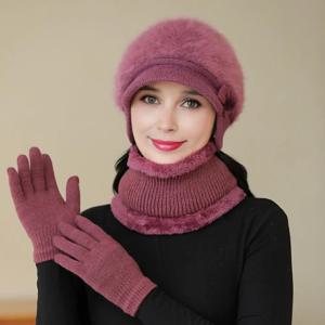 여성용 겨울 비니 스카프 장갑 세트, 두꺼운 니트 모자 장갑, 탄성 방풍, 돔 모자, 넥 랩 세트, 3 개/세트