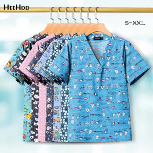 남녀 공용 만화 치아 프린팅 간호사 유니폼, 100% 코튼 하이 퀄리티 의료 스크럽 탑, 멀티 스타일 셔츠, 간호 스파 스크럽