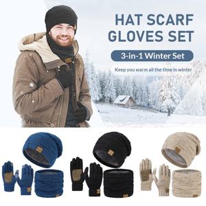 남성용 따뜻한 두꺼운 모자 스카프 및 장갑 세트, 보온 양털 안감, 헐렁한 비니 넥 스카프 장갑, 3 in 1 따뜻한 겨울 세트