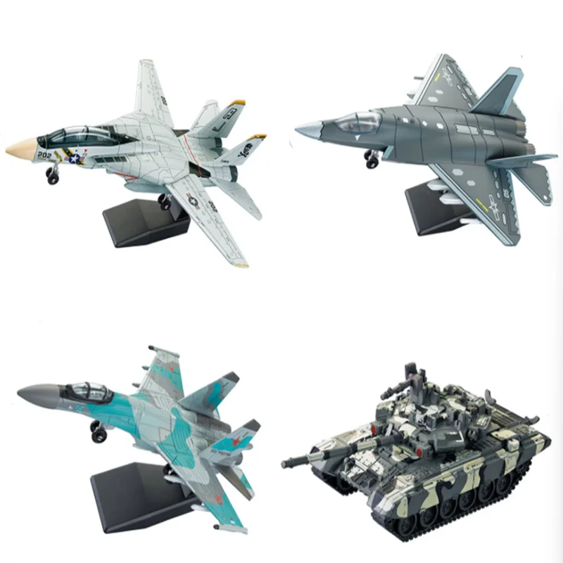 DIY 군사 모델 빌딩 블록 장난감 F14 Tomcat J-35 스텔스 Su35s 다목적 전투기 T90 주요 전투 탱크 소년 생일 선물