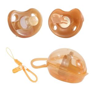 3개입 아기 실리콘 젖꼭지 세트, 일체형 부드러운 갈색 젖꼭지, 보관함 포함, 젖꼭지 낙하 방지 스프링 체인, 100% BPA 프리