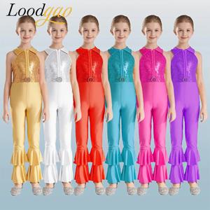 키즈 소녀 반짝 이는 스팽글 점프 슈트 히피 의상 공연 댄스웨어 민소매 벨 바닥 빈티지 60s 70s 히피 의상