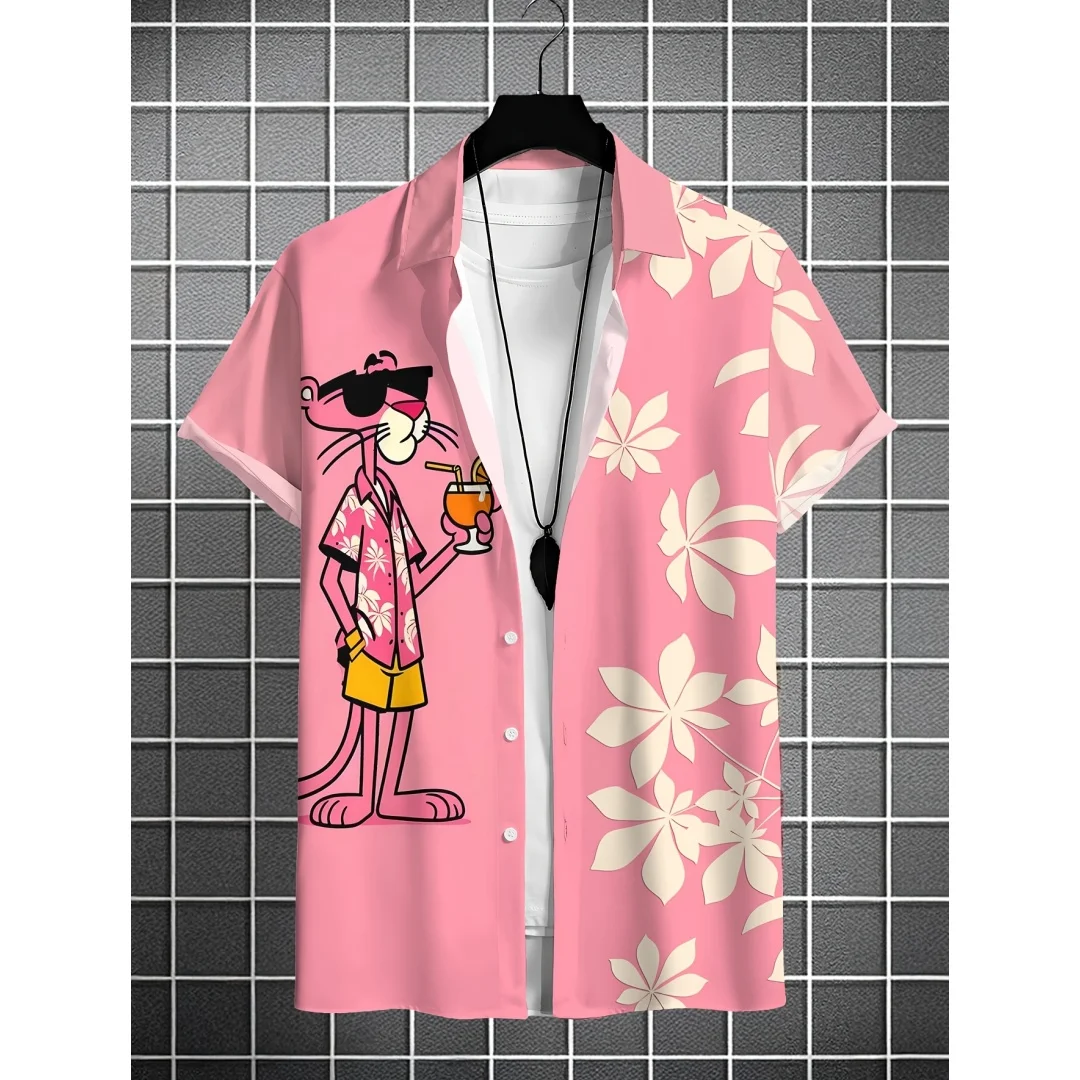 남성용 셔츠 만화 레오파드 그래픽 프린트 반팔 라펠 셔츠 탑 남성용 하와이 버튼다운 셔츠 여름 리조트웨어