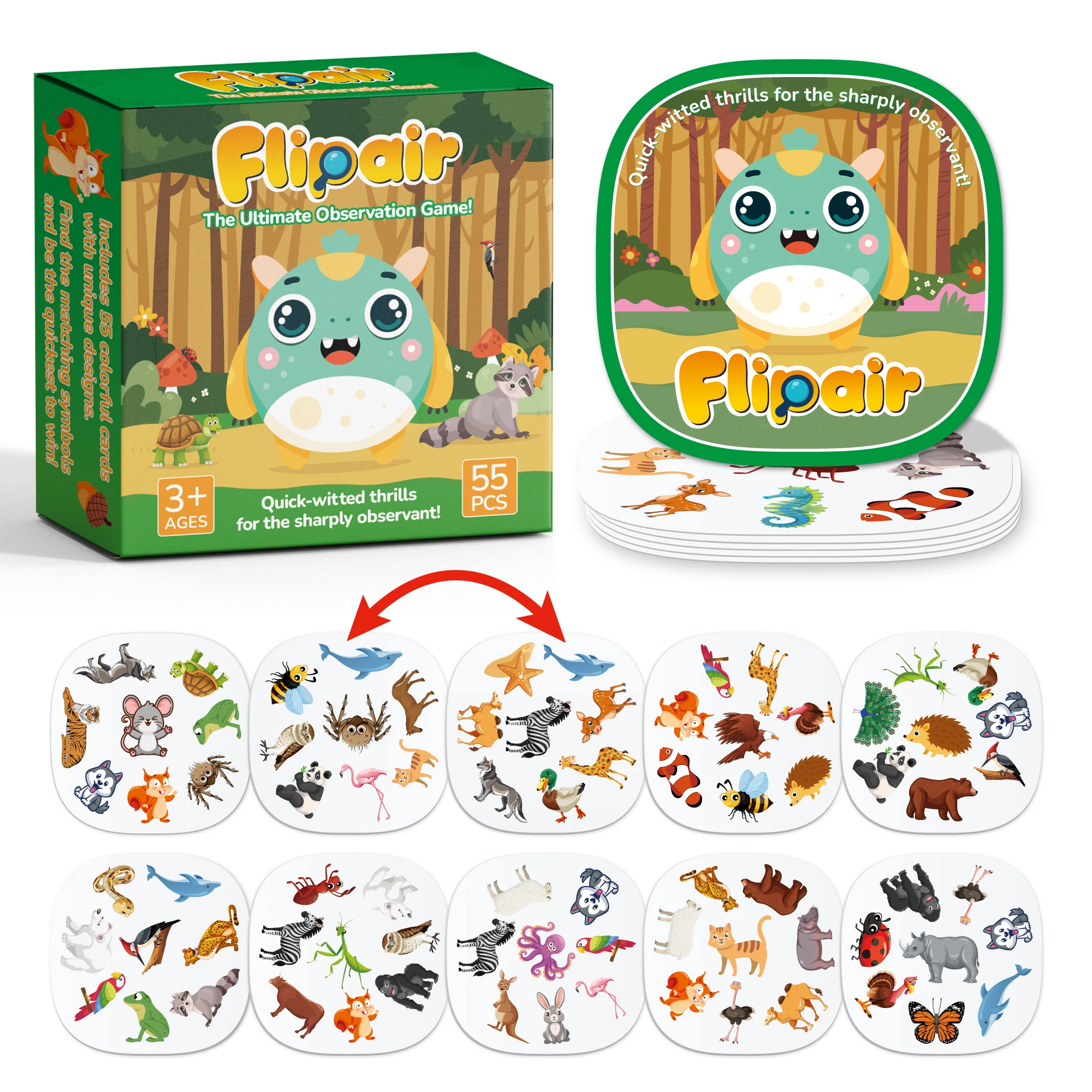 55개/세트 동물 테마 매칭 카드 게임, 가족 놀이, 학교, 파티 및 여행을 위한 시각 인식 게임