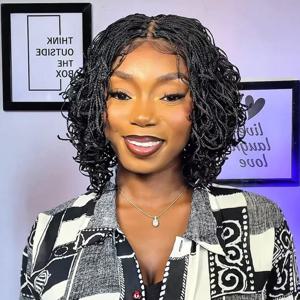 흑인 여성용 짧은 곱슬 브레이드 밥 가발, 더블 풀 레이스 프론트 곱슬 마이크로 박스 브레이드 밥 가발 (베이비 헤어, 프리 플러킹)